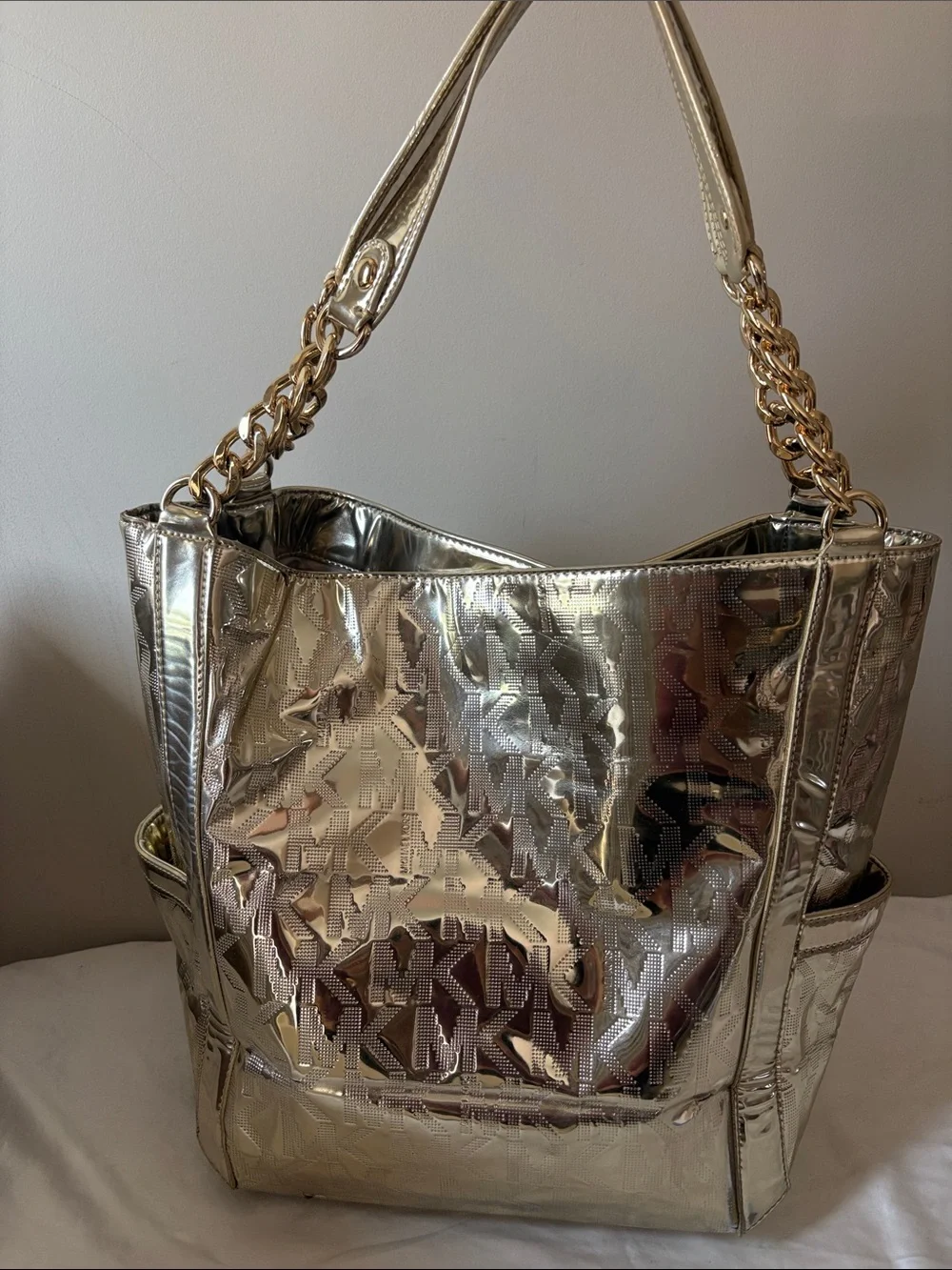 Michael Kors Shiny Metallic Gold Logo-Embossed Tote